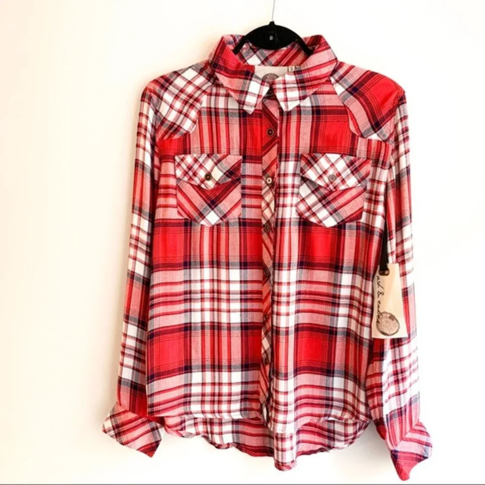 Ash & Ember Avalon Houston Fitted Plaid Flannel Shirt Red Size Small - Picture 1 of 15